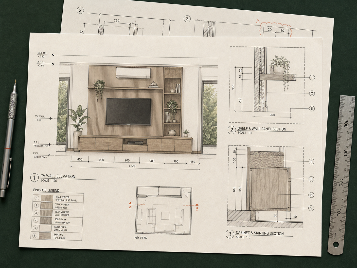 รูปด้านผนังโทรทัศน์และแบบรายละเอียดงานตู้ไม้